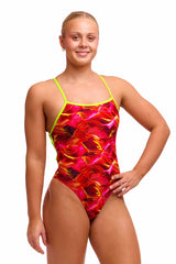 Funkita Ladies Saucy Sonar Strapped In One Piece Swimsuit - Red/Yellow | Allens Of Kingsbury