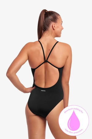 Black Funkita Ladies Still Swim Secure One Piece Swimsuit, close-up view showing sleek design and secure fit for women.