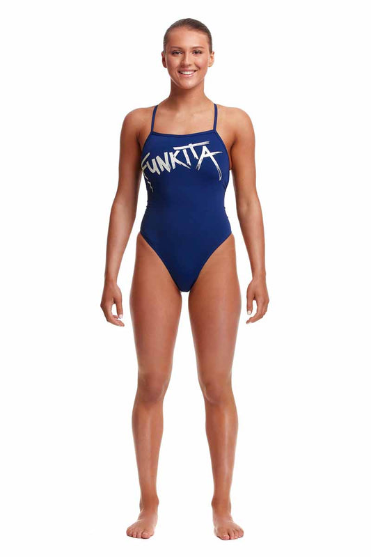 Funkita Ladies Zinc'd Strapped In One Piece Swimsuit - Navy/Silver | Allens Of Kingsbury 800