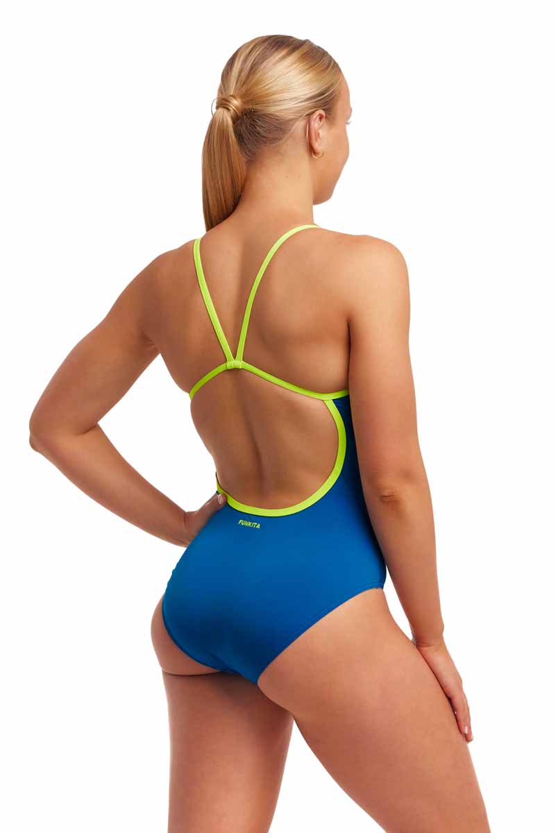 Funkita Ladies Glacier Glam Single Strap One Piece Swimsuit - Royal/Fluo Yellow | Allens Of Kingsbury