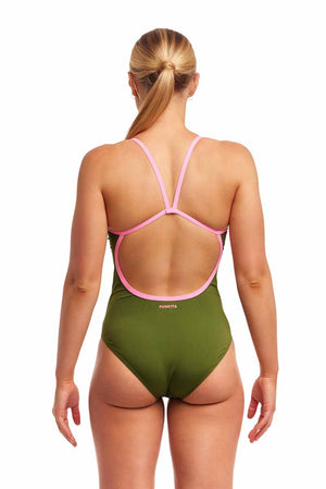 Funkita Ladies Glamo Camo Single Strap One Piece Swimsuit - Green/Pink | Allens Of Kingsbury