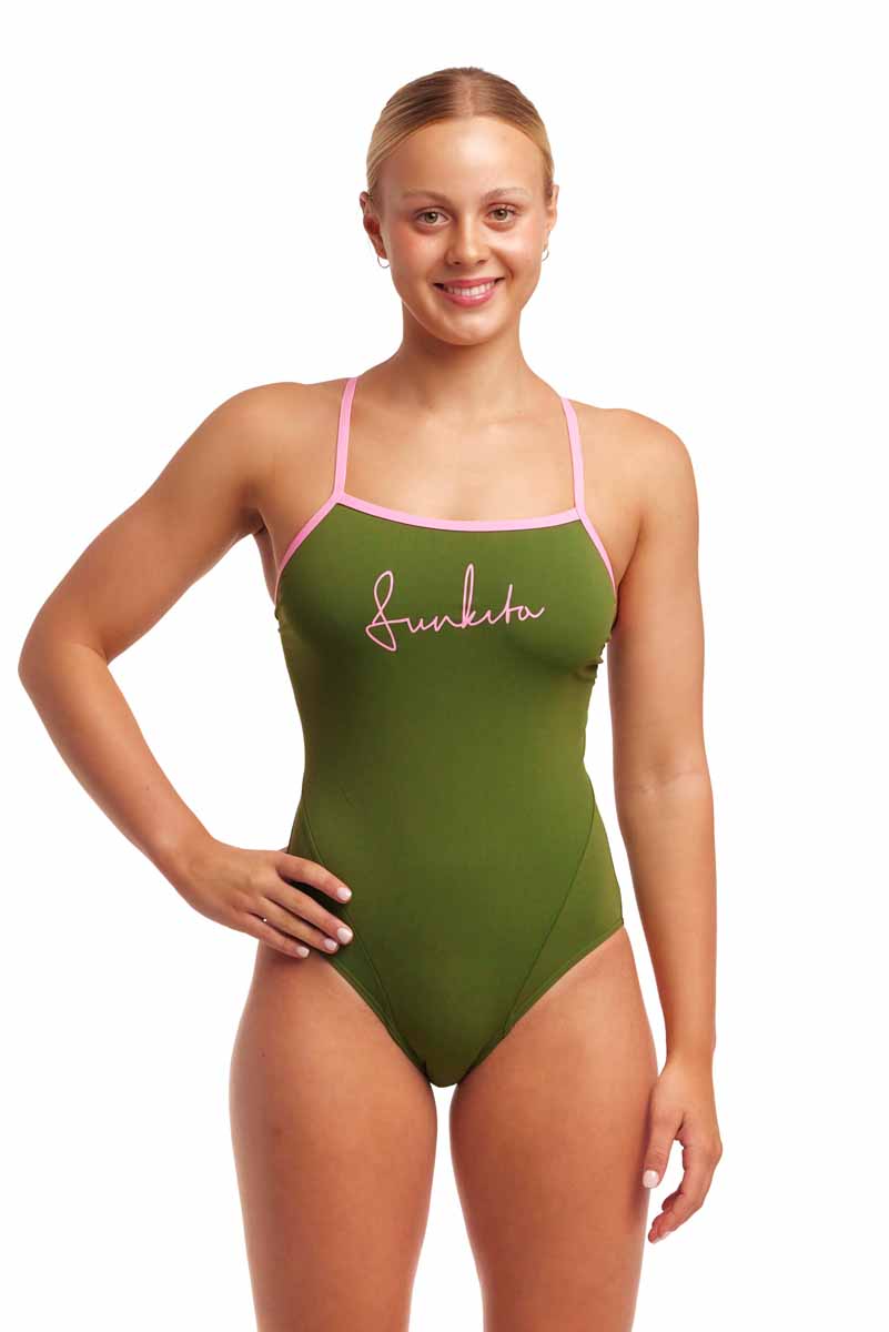 Funkita Ladies Glamo Camo Single Strap One Piece Swimsuit - Green/Pink | Allens Of Kingsbury