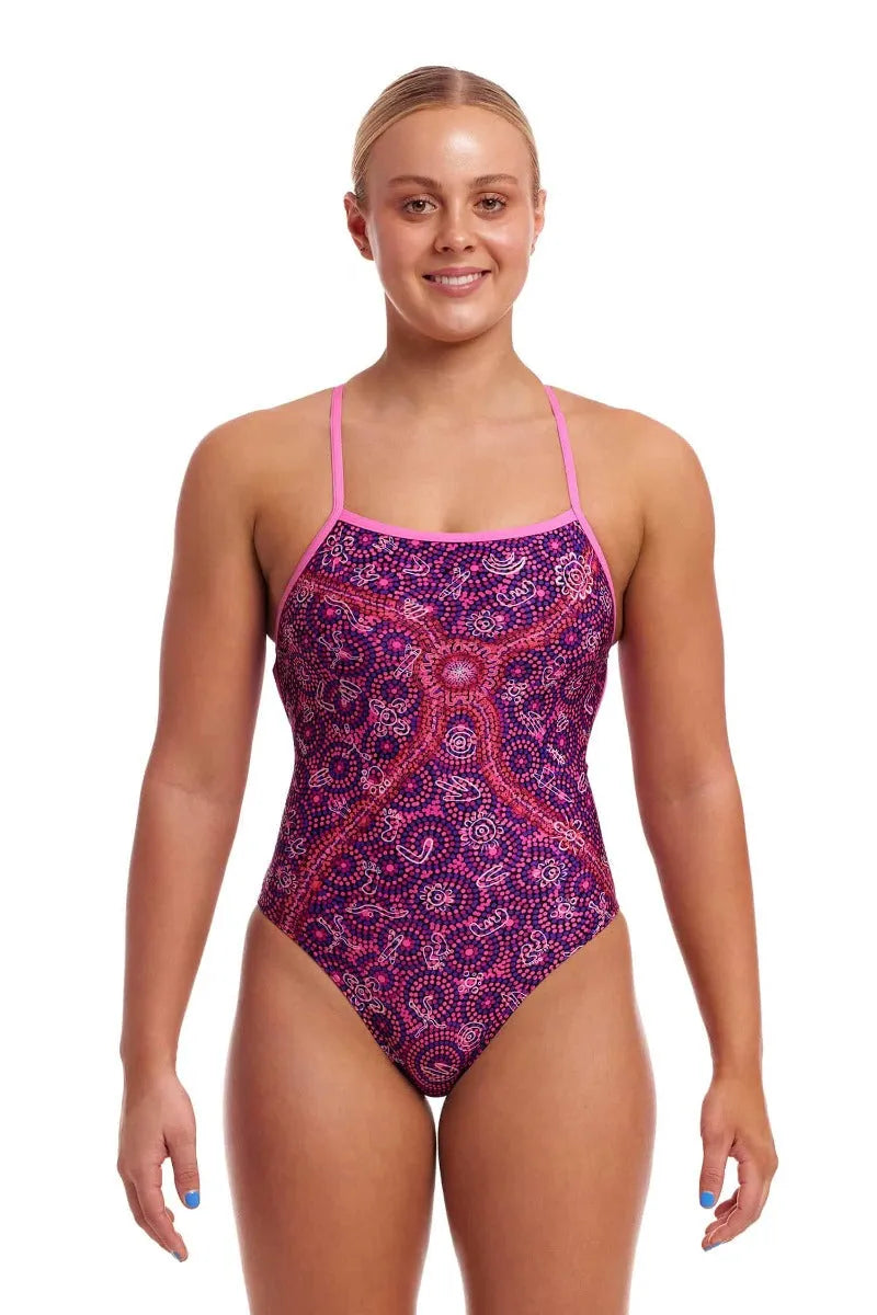Funkita Ladies Walk Together Strapped In One Piece Swimsuit in pink and multi-colored design, perfect for swimming and activewear.