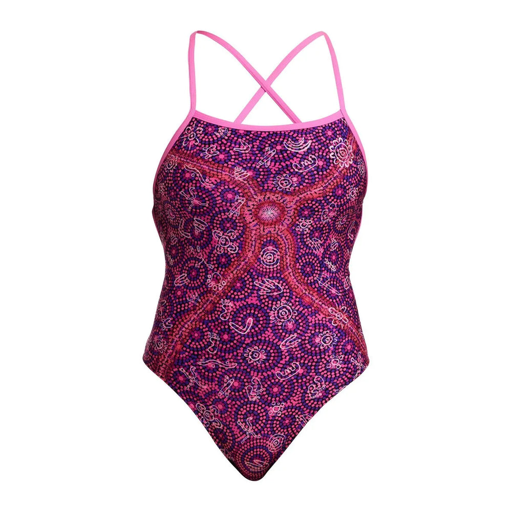 Funkita Ladies Walk Together Strapped In One Piece Swimsuit in pink and multi-color, featuring a supportive strap design for swimming.