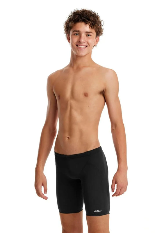 Funky Trunks boys' Still Black training jammers, black swimwear with a sleek design, ideal for competitive swimming and training. 800