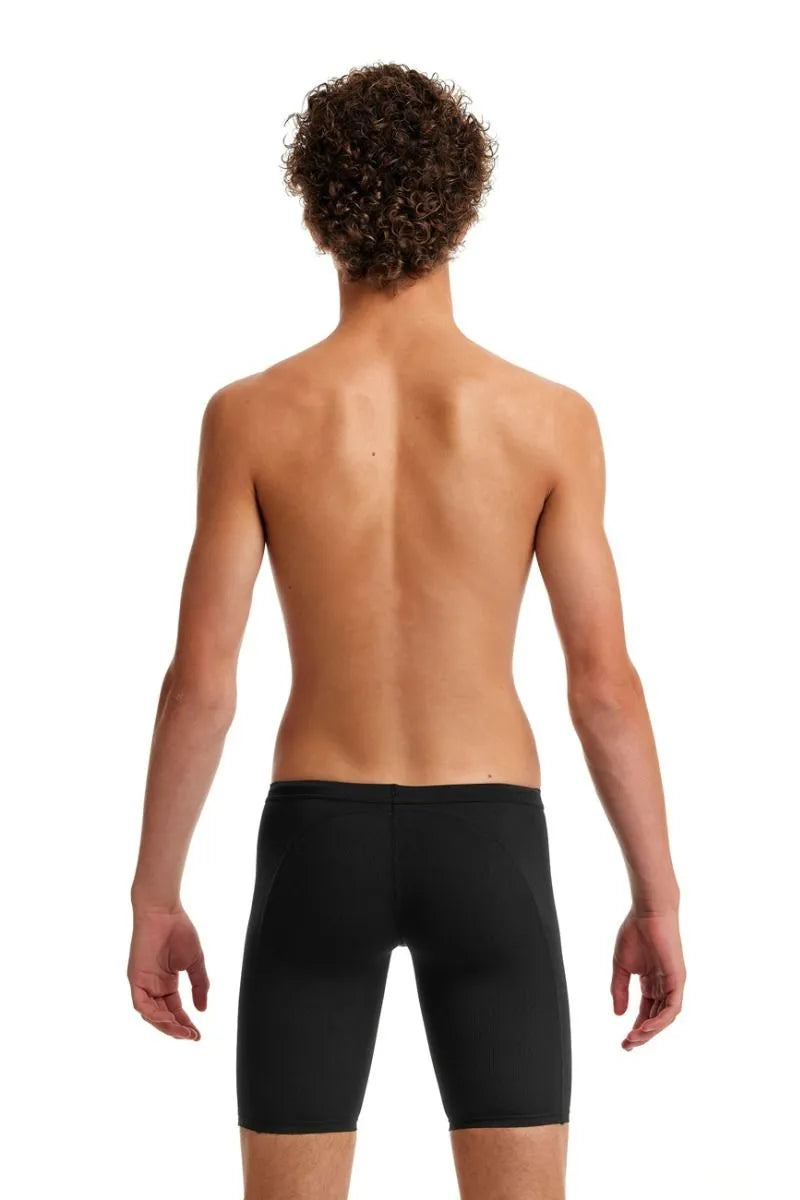 Funky Trunks boys' Still Black training jammers, black swimwear with sleek design, ideal for competitive swimming or training.