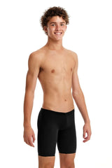 Funky Trunks boys' black training jammers, snug fit, stretchy fabric, designed for swimming and athletic activities.
