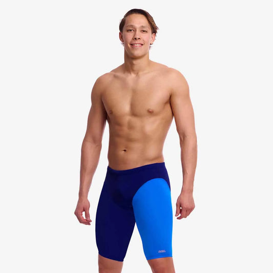 Funky Trunks men's pressure point fast training jammer in navy and royal blue, designed for competitive swimming. 1200