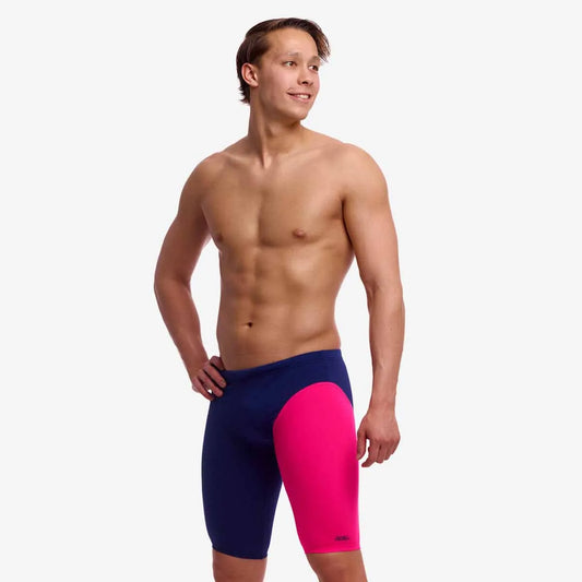 Funky Trunks men's Tidal Blast fast training jammers in navy and pink, designed for competitive swim training. 1200