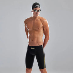 Funky Trunks men's Black Apex Predator X jammer swimming trunks, close-up of black swim jammer with logo and sleek design.