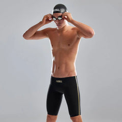 Funky Trunks men's still black Apex Predator X jammer swimwear, showcasing sleek black design and stretch fabric for competitive swimming.