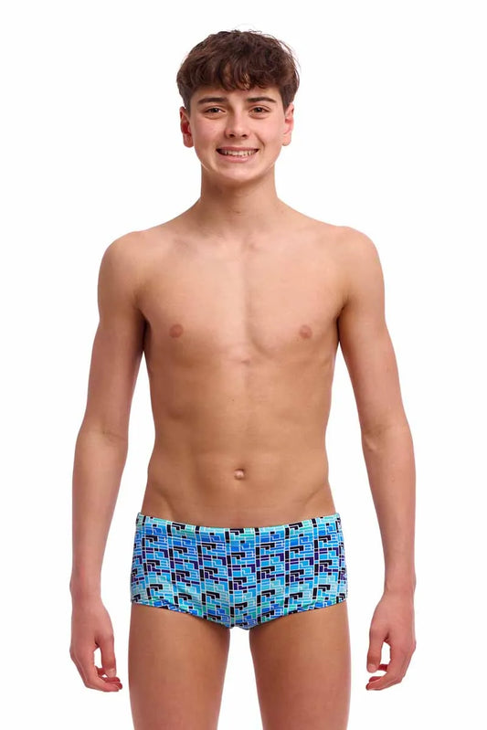 Funky Trunks boys Jack Stack Sidewinder trunks in blue and multi-color with a vibrant, patterned design and comfortable fit. 801