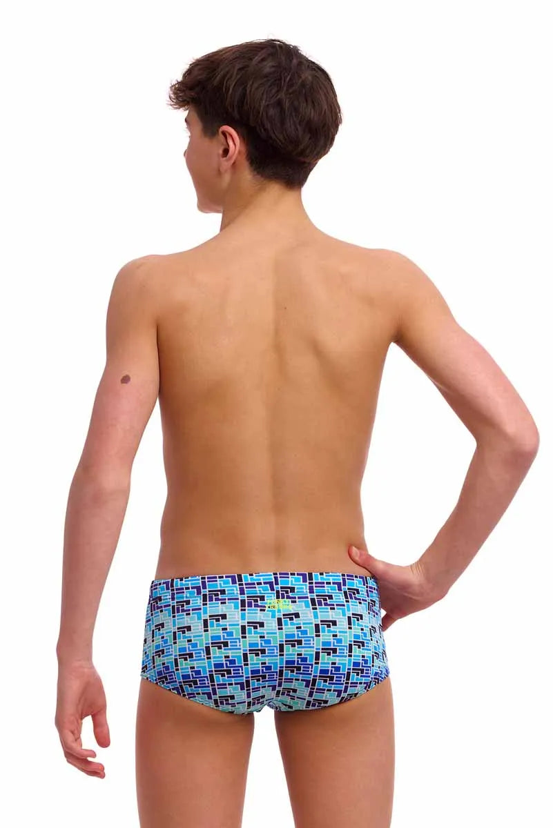 Funky Trunks Boys Jack Stack Sidewinder Trunks in blue and multi-color with fun, colorful patterns on the swim trunks.
