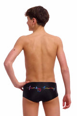 Funky Trunks Boys Pride Alive Sidewinder Trunks in vibrant multi-colored design, showcasing the colorful swim trunks with sidewinder pattern.