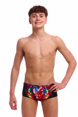 Colorful Funky Trunks Boys Pride Alive Sidewinder trunks with vibrant rainbow patterns and bold branding.