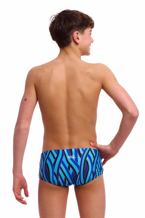 Funky Trunks Boys Snork City Sidewinder Trunks in blue and multi-color, featuring a vibrant design and comfortable fit.