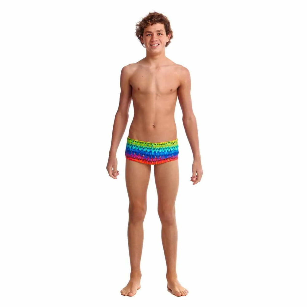 Funky Trunks Boys Wing It Classic Trunks in vibrant multi colors, featuring fun wing patterns and a comfortable fit.