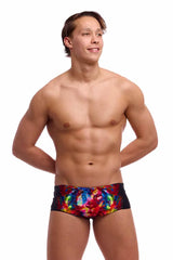Funky Trunks men's Pride Alive Sidewinder trunks in vibrant multi-color design, featuring bold patterns and supportive fit.