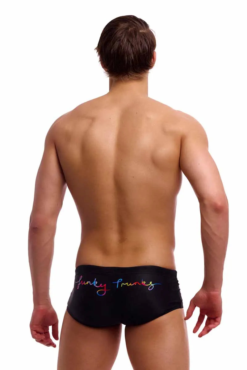 Funky Trunks men's Pride Alive Sidewinder trunks in vibrant multicolor with bold patterns, designed for comfort and style.