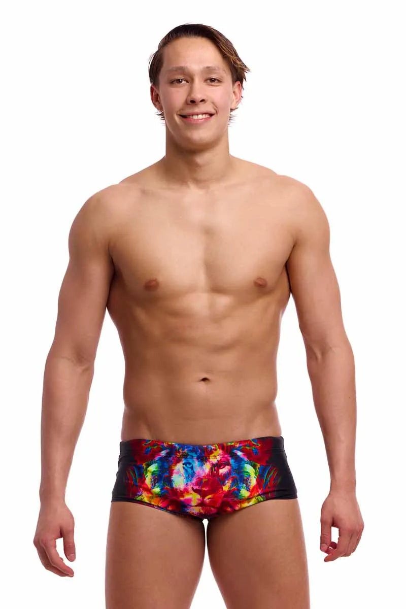 Funky Trunks men's Pride Alive Sidewinder trunks in vibrant multi-color design, showcasing bold patterns and the brand logo.