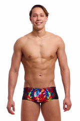 Funky Trunks men's Pride Alive Sidewinder trunks in vibrant multi-color design, showcasing bold patterns and the brand logo.