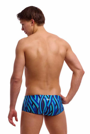 Funky Trunks men's snork City Sidewinder trunks in blue and multi-color, featuring vibrant tropical print and comfortable fit.