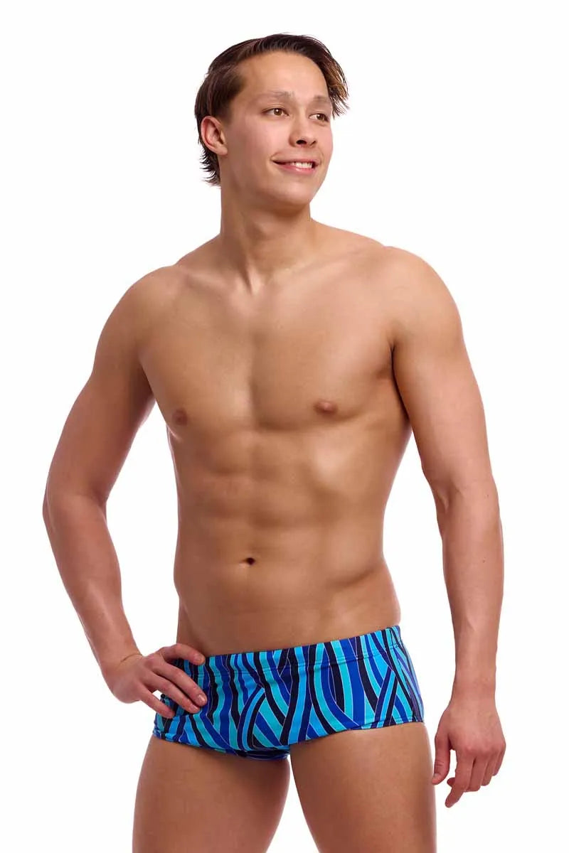 Funky Trunks men's Snork City Sidewinder trunks in blue and multi-color, featuring a vibrant, patterned swimwear design.