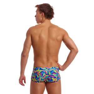 Funky Trunks men's Choppy Waters Classic Trunks in multi-color print, showcasing the vibrant swimwear design and pattern.