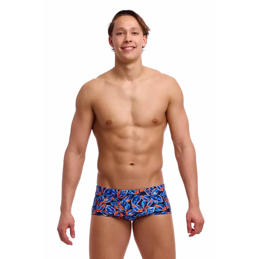 Funky Trunks men's Leaf Blower Classic Trunks in multi-color with leaf pattern, made from quick-drying stretch fabric. 1200