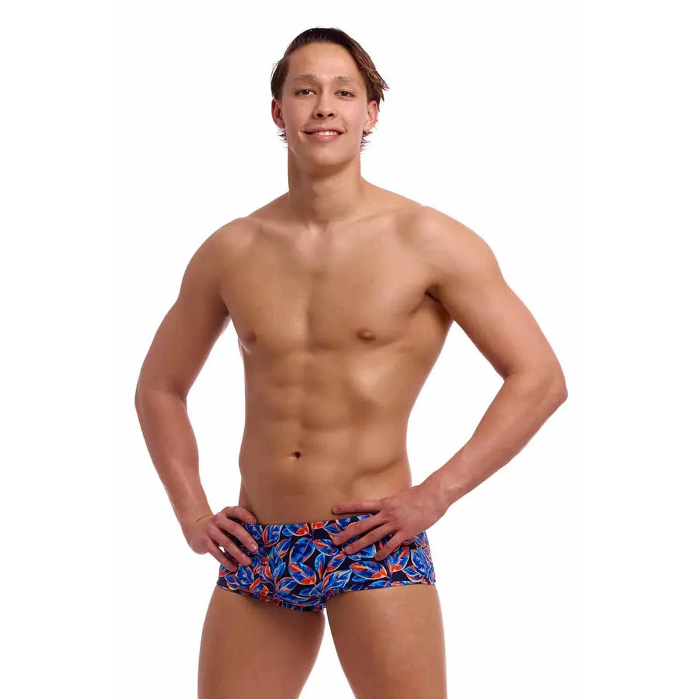 Funky Trunks men's Leaf Blower Classic Trunk in vibrant multi-color with tropical leaf pattern, snug fit, and comfortable waistband.