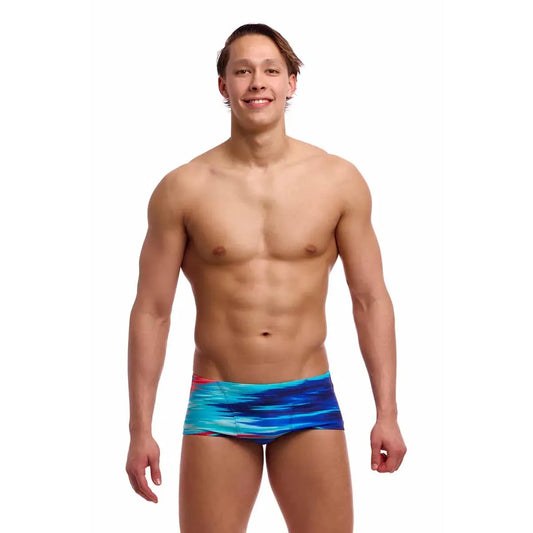 Funky Trunks men's Storm At Sea classic trunks in multi-color with ocean wave pattern, shown on a white background. 1200