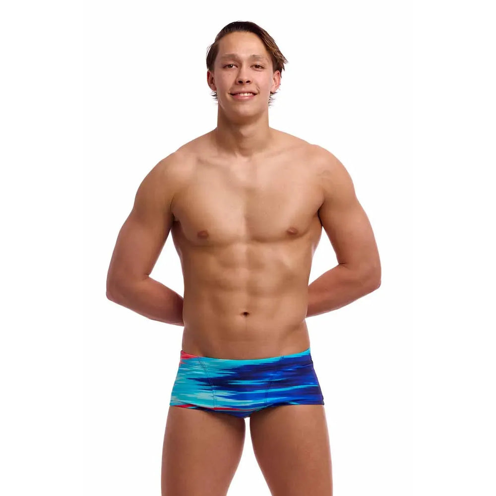 Funky Trunks men's Storm At Sea classic trunks in multi-color with ocean wave pattern, designed for comfort and style.