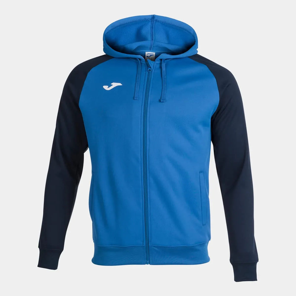 Joma men's Academy IV hoodie jacket in royal and navy, casual jacket with hood and zip front, suitable for athletic and everyday wear.