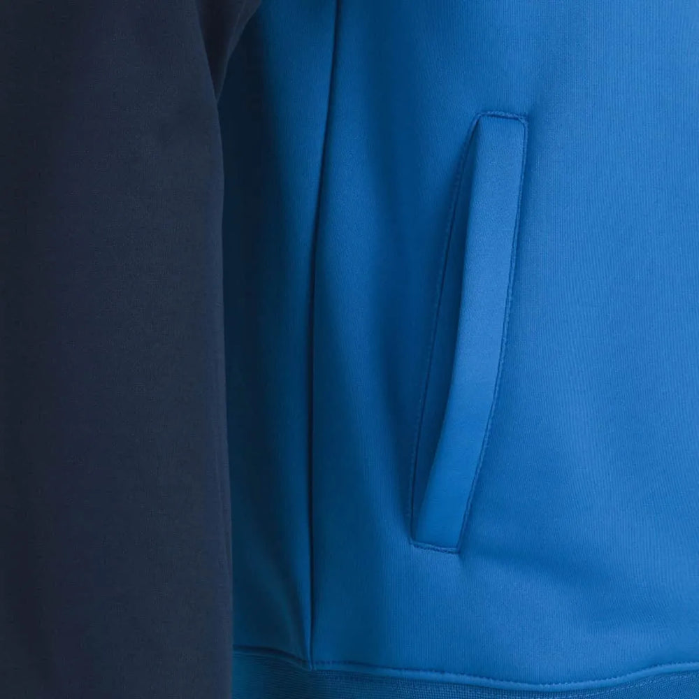 Joma Men's Academy IV hoodie jacket in royal and navy, shown in a casual front view with zipper and drawstrings.