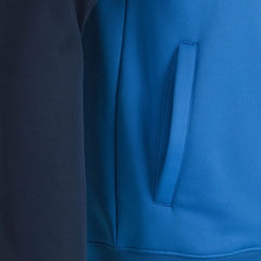 Joma Men's Academy IV hoodie jacket in royal and navy, shown in a casual front view with zipper and drawstrings.