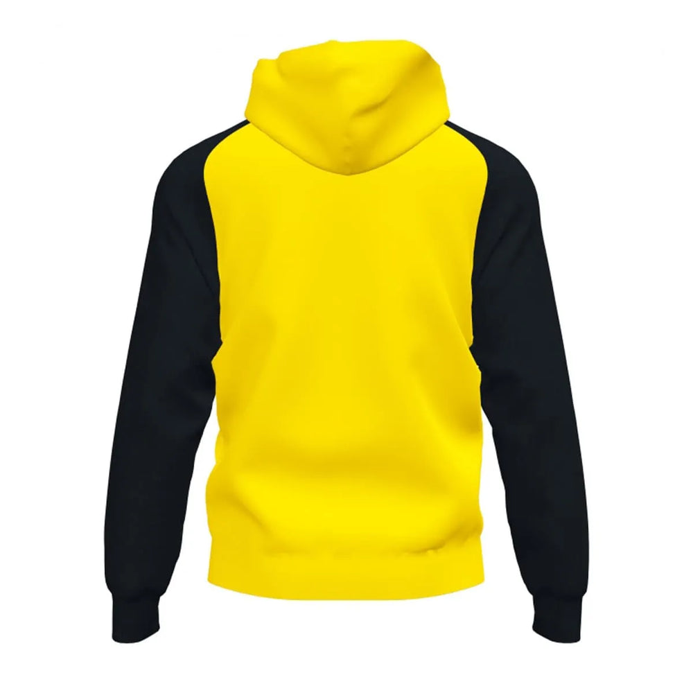 Joma men's Academy IV hoodie jacket in yellow and black, casual fit with zip front and hood, suitable for athletic and everyday wear.