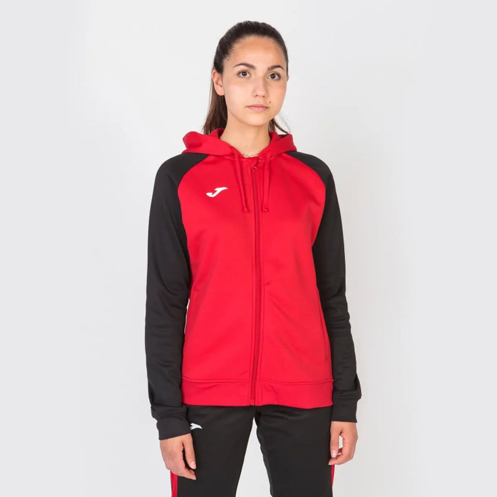 Joma Women's Academy IV zip-up hoodie in red and black, casual jacket with front zipper and hood, suitable for sports and everyday wear.