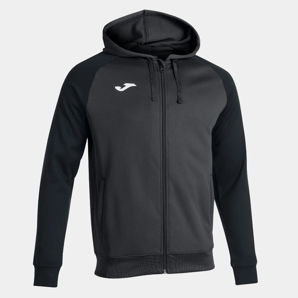 Joma Boys Academy IV hoodie jacket in anthracite and black, casual jacket with front pockets and hood, perfect for boys.
