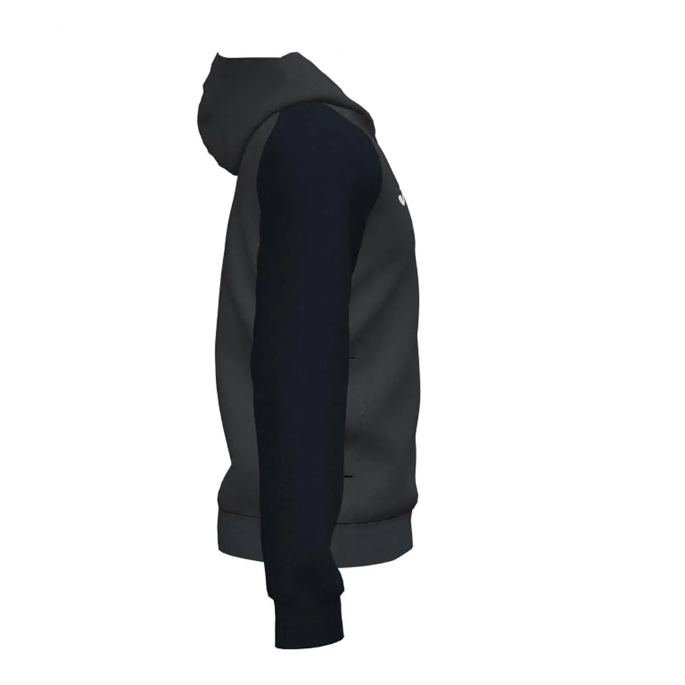 Joma Boys Academy IV hoodie jacket in anthracite and black, featuring a sporty design with a front zipper and hood.