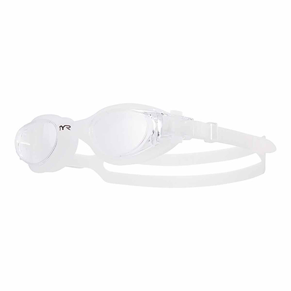 TYR Vesi goggles in clear with adjustable strap and silicone seal, designed for comfortable swimming.
