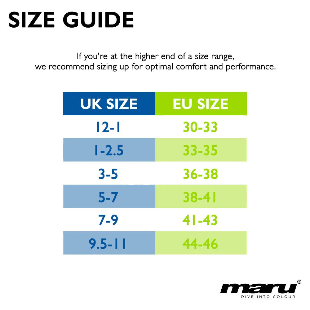 Blue and lime Maru Short Blade Fin for children, designed for swimming and diving, featuring a lightweight, flexible fin with adjustable strap.