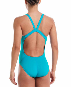 Nike women's Hydrastrong solid fast-back one-piece swimsuit in energy color, featuring a sleek design and supportive fit.