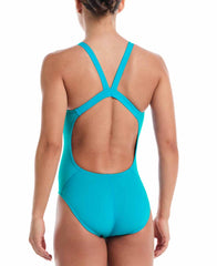 Nike women's Hydrastrong solid fast-back one-piece swimsuit in energy color, featuring a sleek design and supportive fit.