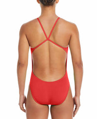 Nike women's Hydrastrong solid red cut-out one-piece swimsuit displayed on a model, featuring a sleek design and sporty style.