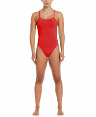 Nike women's Hydrastrong solid red one-piece swimsuit with cut-out design, featuring a sleek, athletic fit and adjustable straps.