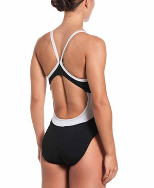 Nike women's Hydrastrong team colorblock racerback one-piece swimsuit in black and white, featuring a sleek design and sporty style.