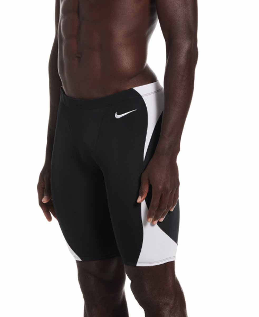 Nike men's Hydrastrong team colorblock jammer in black and white, featuring a sleek, fitted swim jammer design for competitive swimming.