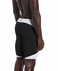 Nike men's Hydrastrong team colorblock jammer in black and white, featuring a snug fit and durable swimwear fabric.