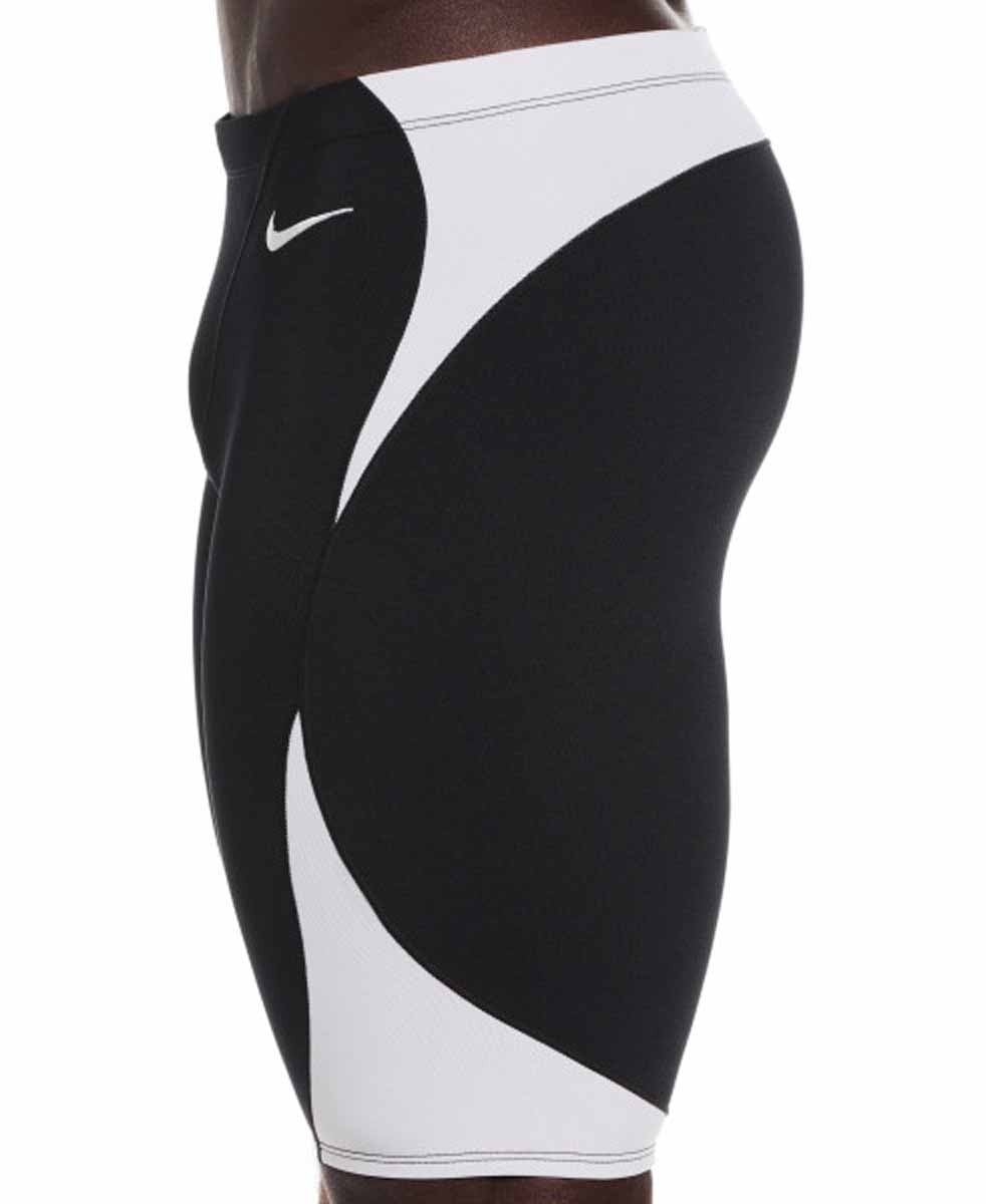 Nike men's Hydrastrong team colorblock jammer in black and white, featuring a sleek, athletic swimwear design.