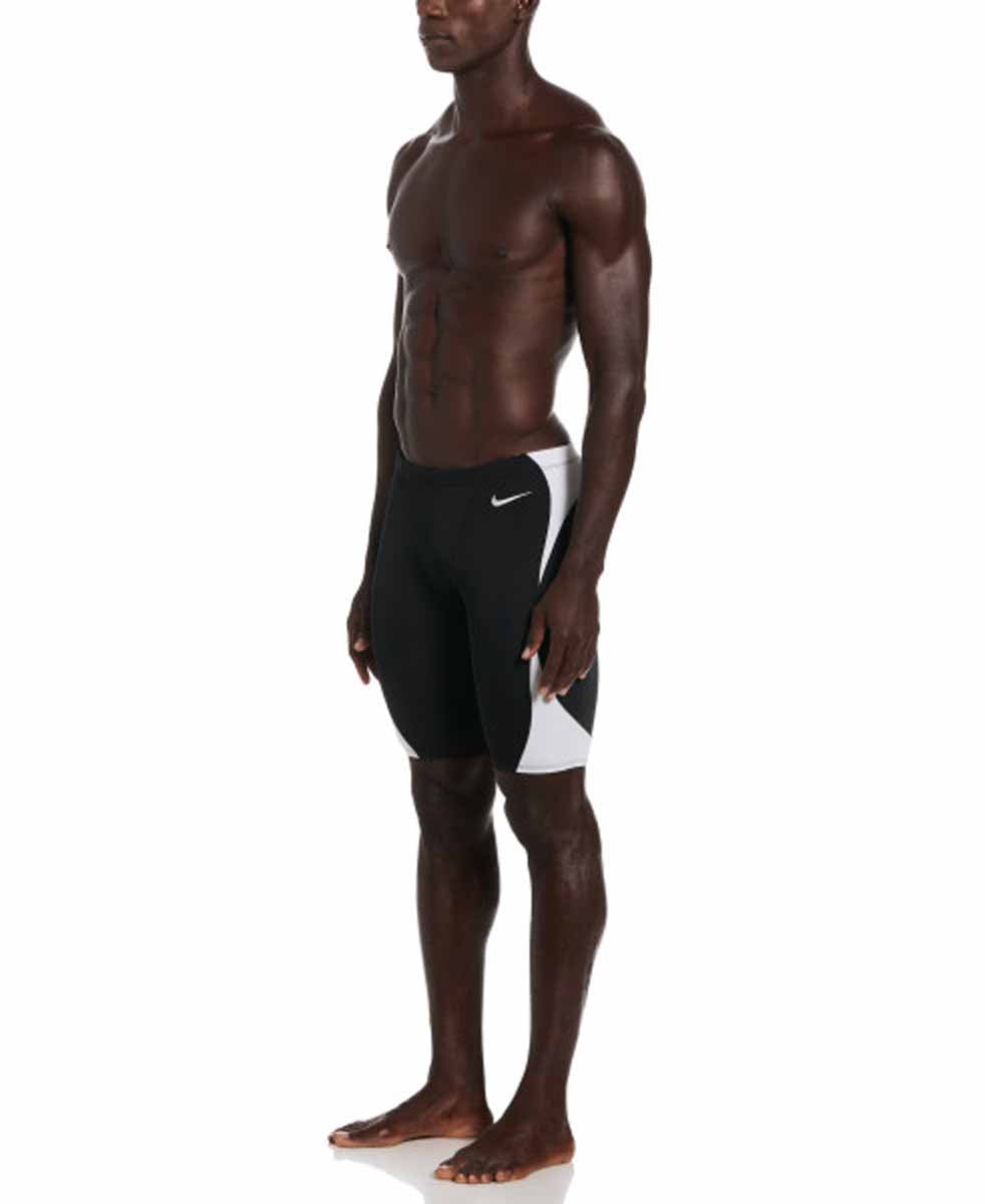 Nike men's Hydrastrong team colorblock jammer in black and white, showcasing a sleek swim jammer with colorblock design.